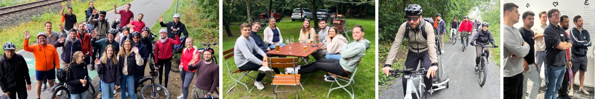 Collage vom Betriebsausflug des ZIV 2025 in Darmstadt mit Eindrücken vom Radfahren, einer Gruppenpause, dem Abendessen in der Pulvermühle und der Werksführung bei Riese & Müller