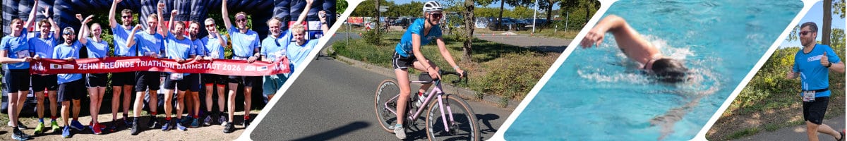 Collage aus Radfahren, Schwimmen, Laufen und Gruppenfoto des ZIV-Teams beim 10-Freunde-Lauf 2025